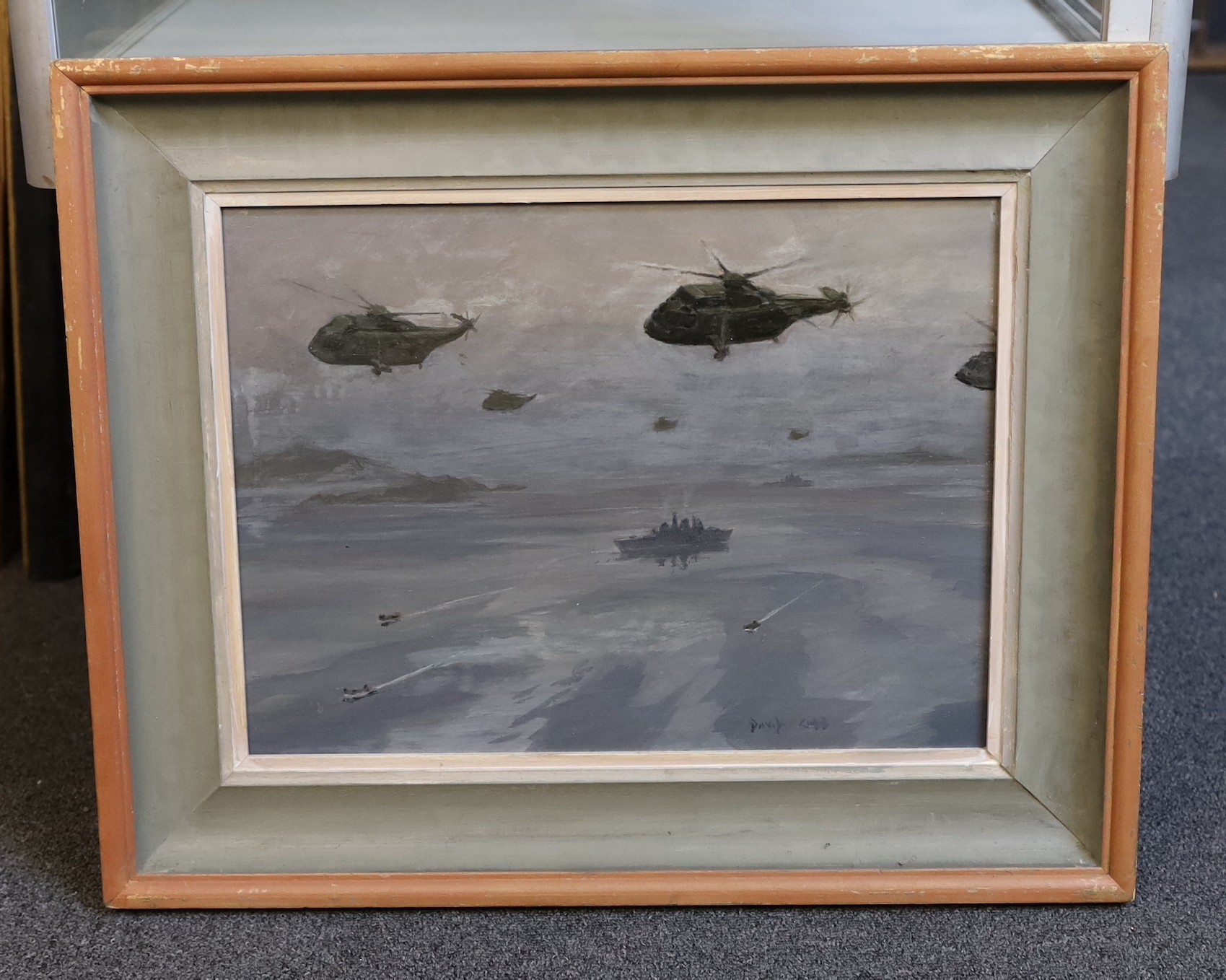 David Cobb (British, 1921-2014), Sea King Helicopters and Warships, Falklands, oil on board, 29 x 39cm